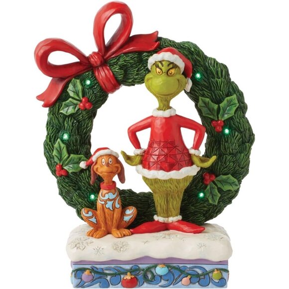 Dr. Seuss Grinch by Jim Shore Grinch and Max Standing by Wreath Lit Figurine NIB - Picture 1 of 7